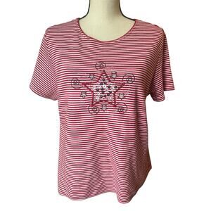 Classic Elements Petite Women's L T-Shirt Short Sleeve Stripped Star White Red